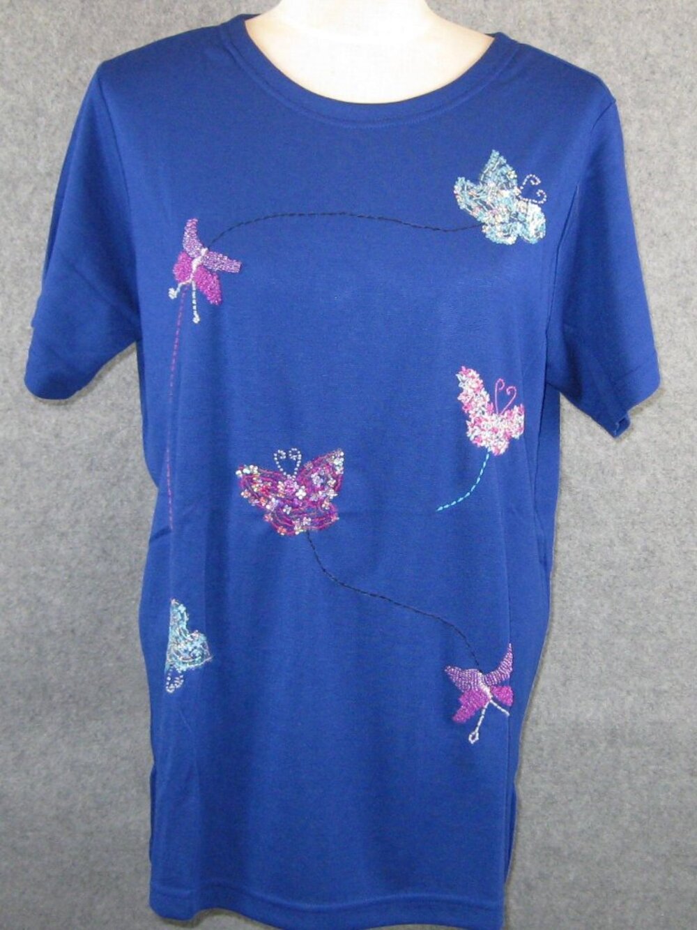Quacker Factory Women's Top Sz M Beaded Butterflies Blue